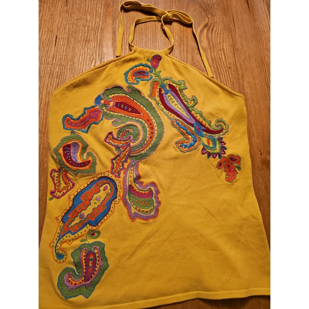 Polo Ralph Lauren Silk Yellow Embroidered Women Halter Top Size LARGE - Picture 1 of 10